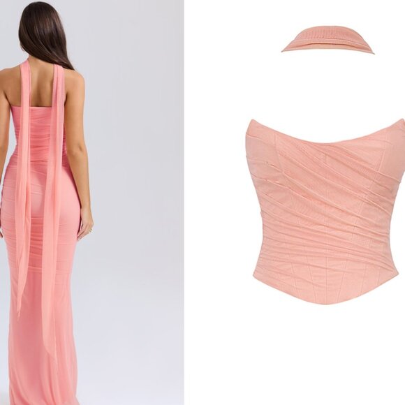 HOUSE OF CB 'Hallie' Peach Strapless Corset Maxi Skirt Set With Neck Scarf NWOT - Picture 4 of 8